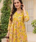 Women cotton blend yellow floral digital printed regular kurta