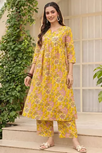 Women cotton blend yellow floral digital printed regular kurta
