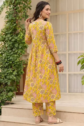 Women cotton blend yellow floral digital printed regular kurta