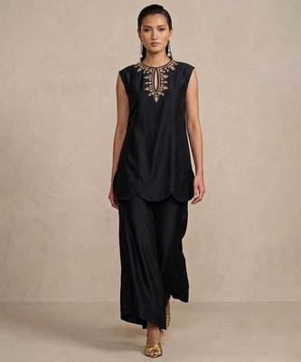 Black embroidered raw silk co ord set 1