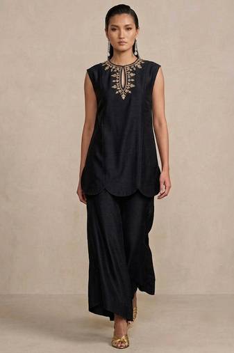 Black embroidered raw silk co ord set