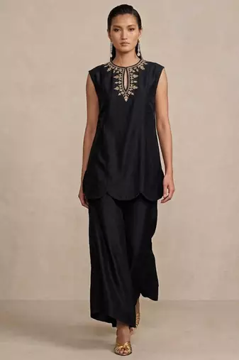 Black embroidered raw silk co ord set