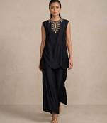 Black embroidered raw silk co ord set