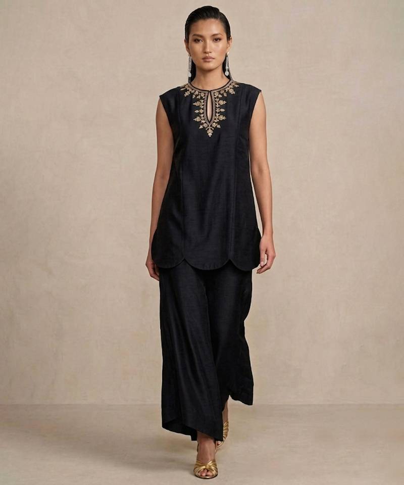 Black embroidered raw silk co ord set