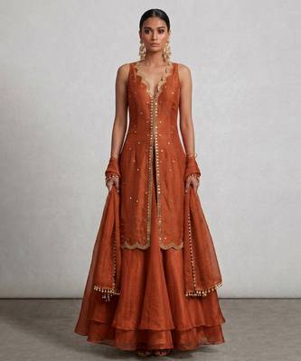 Rust orange embroidered organza Lehenga set 1