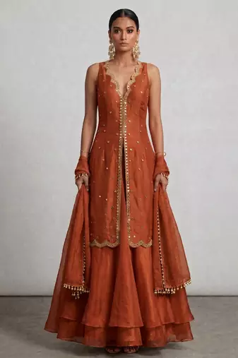 Rust orange embroidered organza Lehenga set