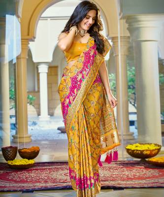 Mustard yellow soft silk blend woven saree with rich zari border & traditional heritage motifs 1