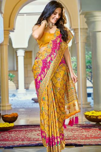 Mustard yellow soft silk blend woven saree with rich zari border & traditional heritage motifs