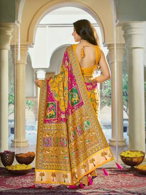 Mustard yellow soft silk blend woven saree with rich zari border & traditional heritage motifs 2
