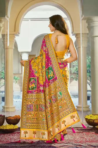 Mustard yellow soft silk blend woven saree with rich zari border & traditional heritage motifs