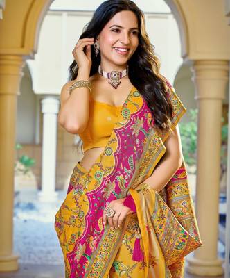 Mustard yellow soft silk blend woven saree with rich zari border & traditional heritage motifs 3
