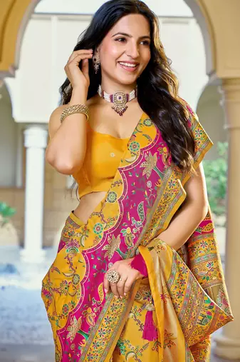 Mustard yellow soft silk blend woven saree with rich zari border & traditional heritage motifs