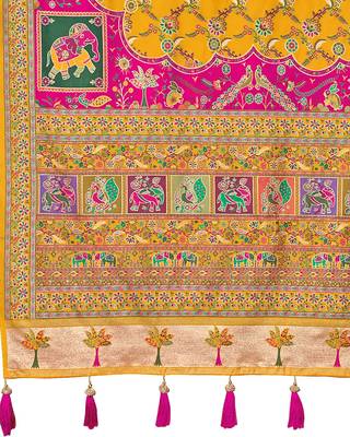 Mustard yellow soft silk blend woven saree with rich zari border & traditional heritage motifs 5