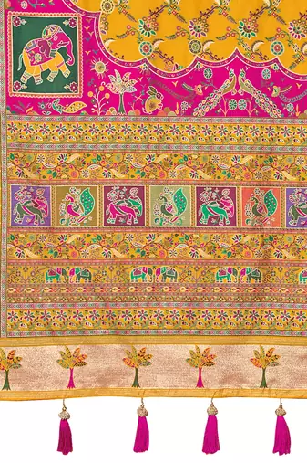 Mustard yellow soft silk blend woven saree with rich zari border & traditional heritage motifs