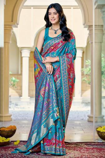 Turquoise blue soft silk blend woven saree with rich zari border & traditional heritage motifs