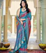 Turquoise blue soft silk blend woven saree with rich zari border & traditional heritage motifs