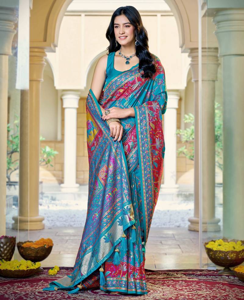 Turquoise blue soft silk blend woven saree with rich zari border & traditional heritage motifs