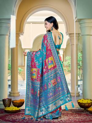 Turquoise blue soft silk blend woven saree with rich zari border & traditional heritage motifs 2