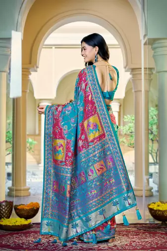Turquoise blue soft silk blend woven saree with rich zari border & traditional heritage motifs