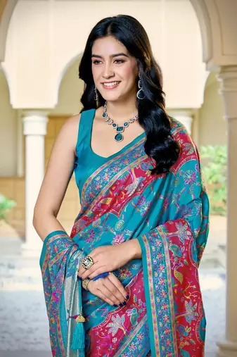 Turquoise blue soft silk blend woven saree with rich zari border & traditional heritage motifs