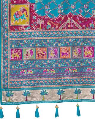 Turquoise blue soft silk blend woven saree with rich zari border & traditional heritage motifs 5