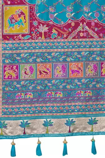 Turquoise blue soft silk blend woven saree with rich zari border & traditional heritage motifs