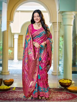Rani pink soft silk blend woven saree with rich zari border & traditional heritage motifs 1