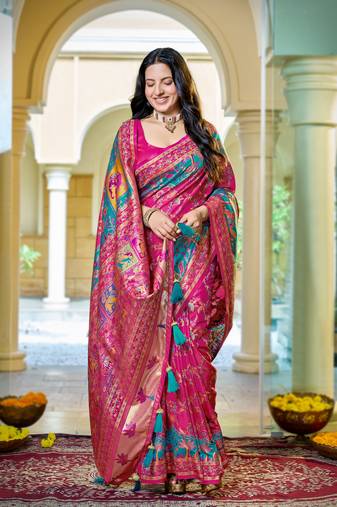 Rani pink soft silk blend woven saree with rich zari border & traditional heritage motifs