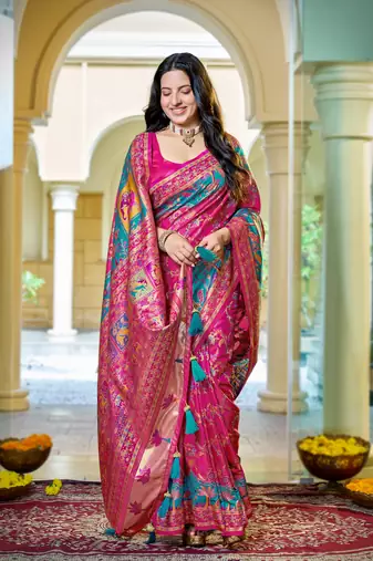 Rani pink soft silk blend woven saree with rich zari border & traditional heritage motifs