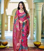 Rani pink soft silk blend woven saree with rich zari border & traditional heritage motifs