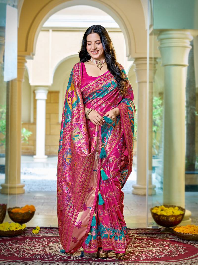 Rani pink soft silk blend woven saree with rich zari border & traditional heritage motifs