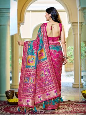 Rani pink soft silk blend woven saree with rich zari border & traditional heritage motifs 2