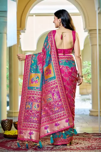 Rani pink soft silk blend woven saree with rich zari border & traditional heritage motifs