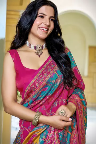 Rani pink soft silk blend woven saree with rich zari border & traditional heritage motifs