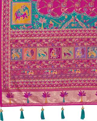 Rani pink soft silk blend woven saree with rich zari border & traditional heritage motifs 5