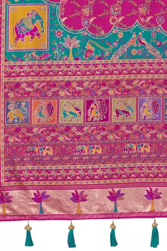 Rani pink soft silk blend woven saree with rich zari border & traditional heritage motifs