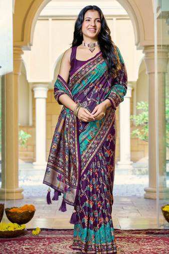 Purple soft silk blend woven saree with rich zari border & traditional heritage motifs