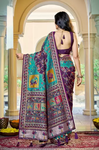 Purple soft silk blend woven saree with rich zari border & traditional heritage motifs
