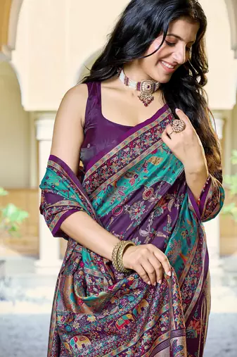 Purple soft silk blend woven saree with rich zari border & traditional heritage motifs