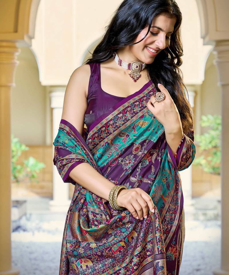 Purple soft silk blend woven saree with rich zari border & traditional heritage motifs
