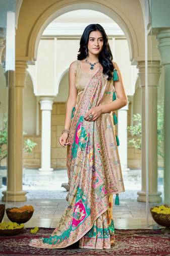 Cream soft silk blend woven saree with rich zari border & traditional heritage motifs