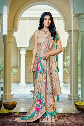 Cream soft silk blend woven saree with rich zari border & traditional heritage motifs