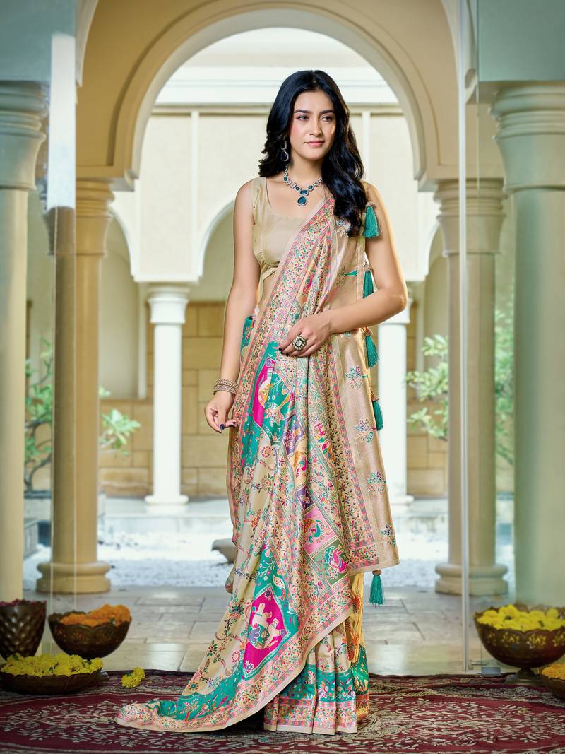 Cream soft silk blend woven saree with rich zari border & traditional heritage motifs