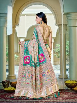 Cream soft silk blend woven saree with rich zari border & traditional heritage motifs 2