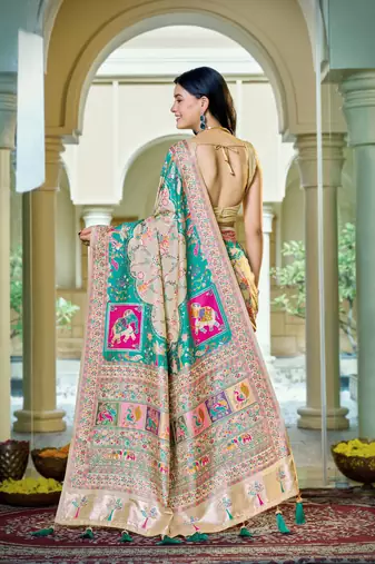 Cream soft silk blend woven saree with rich zari border & traditional heritage motifs