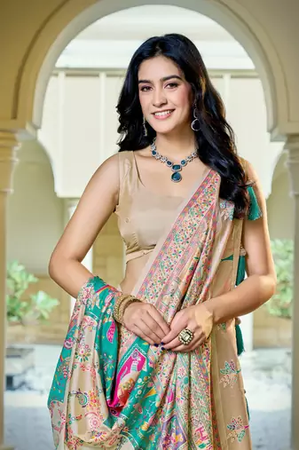 Cream soft silk blend woven saree with rich zari border & traditional heritage motifs