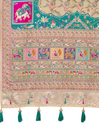 Cream soft silk blend woven saree with rich zari border & traditional heritage motifs 5