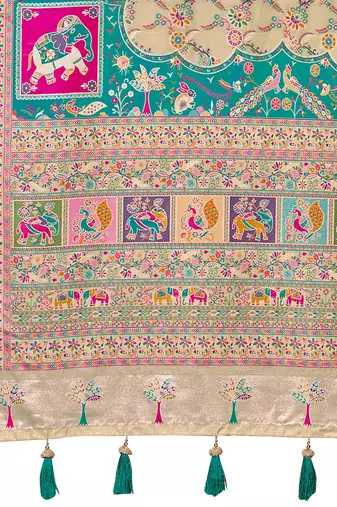 Cream soft silk blend woven saree with rich zari border & traditional heritage motifs
