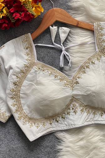 White royal jodha bridal roman silk blend blouse | heavy zari embroidery