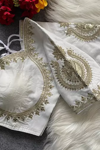 White royal jodha bridal roman silk blend blouse | heavy zari embroidery